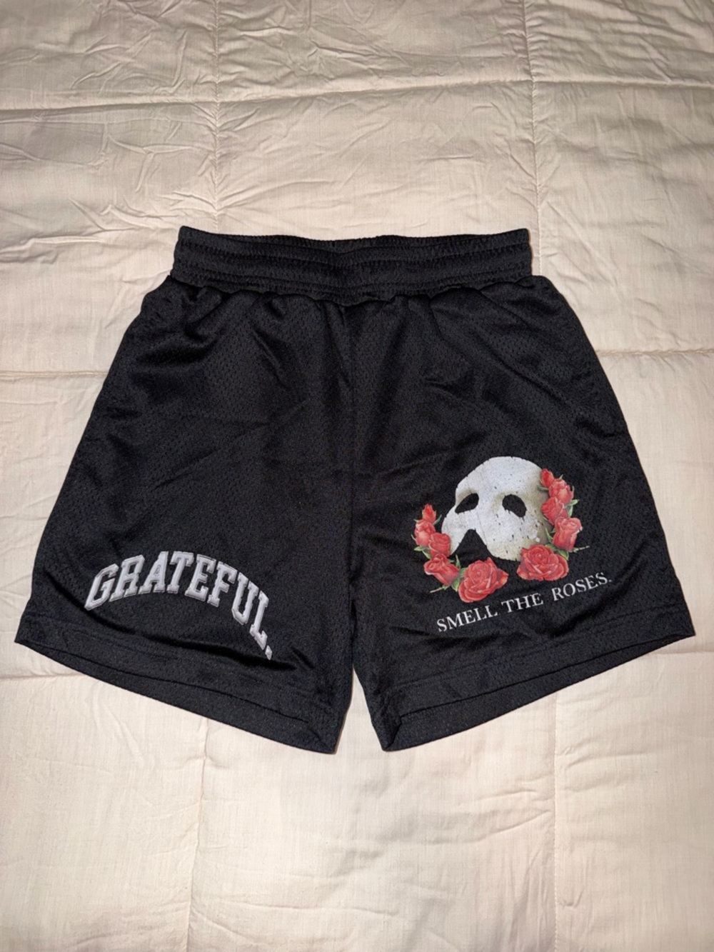Grateful Black Graphic Mesh Shorts with Skull & Roses